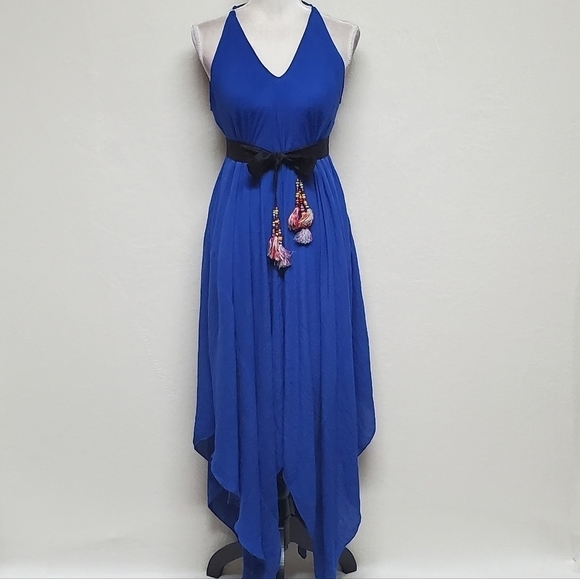 VINTAGE Cobalt Blue Asymmetric Sharkbite Hem V-neck Tie-Waist Gossamer Dress XL - Picture 5 of 16